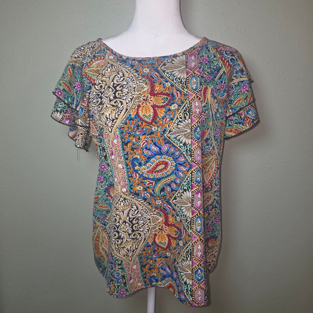 M SHEIN Paisley Floral Layered Ruffle Sleeve Top Med Vibrant Boho